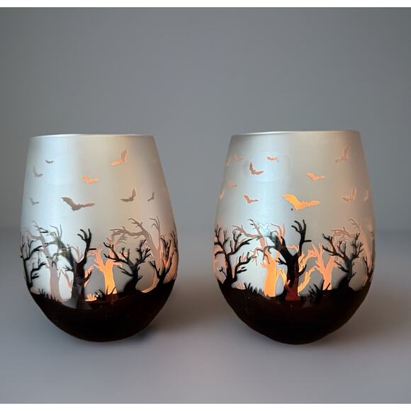 Halloween Spooky Night Tea Light Holders Stemless Wine Glasses Bats Forest - Picture 4 of 7